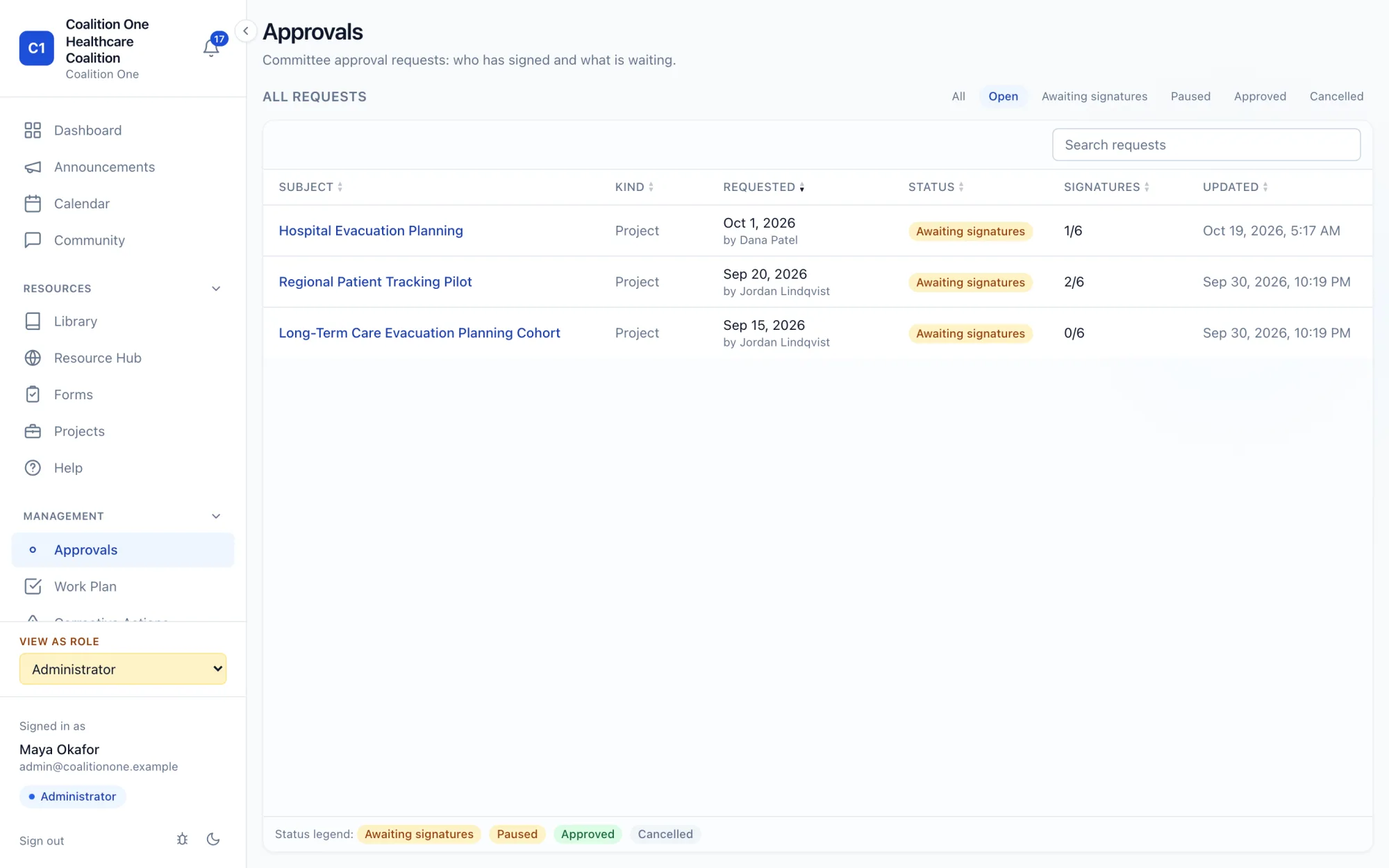 Approvals list showing requests awaiting signatures with signature counts and status
