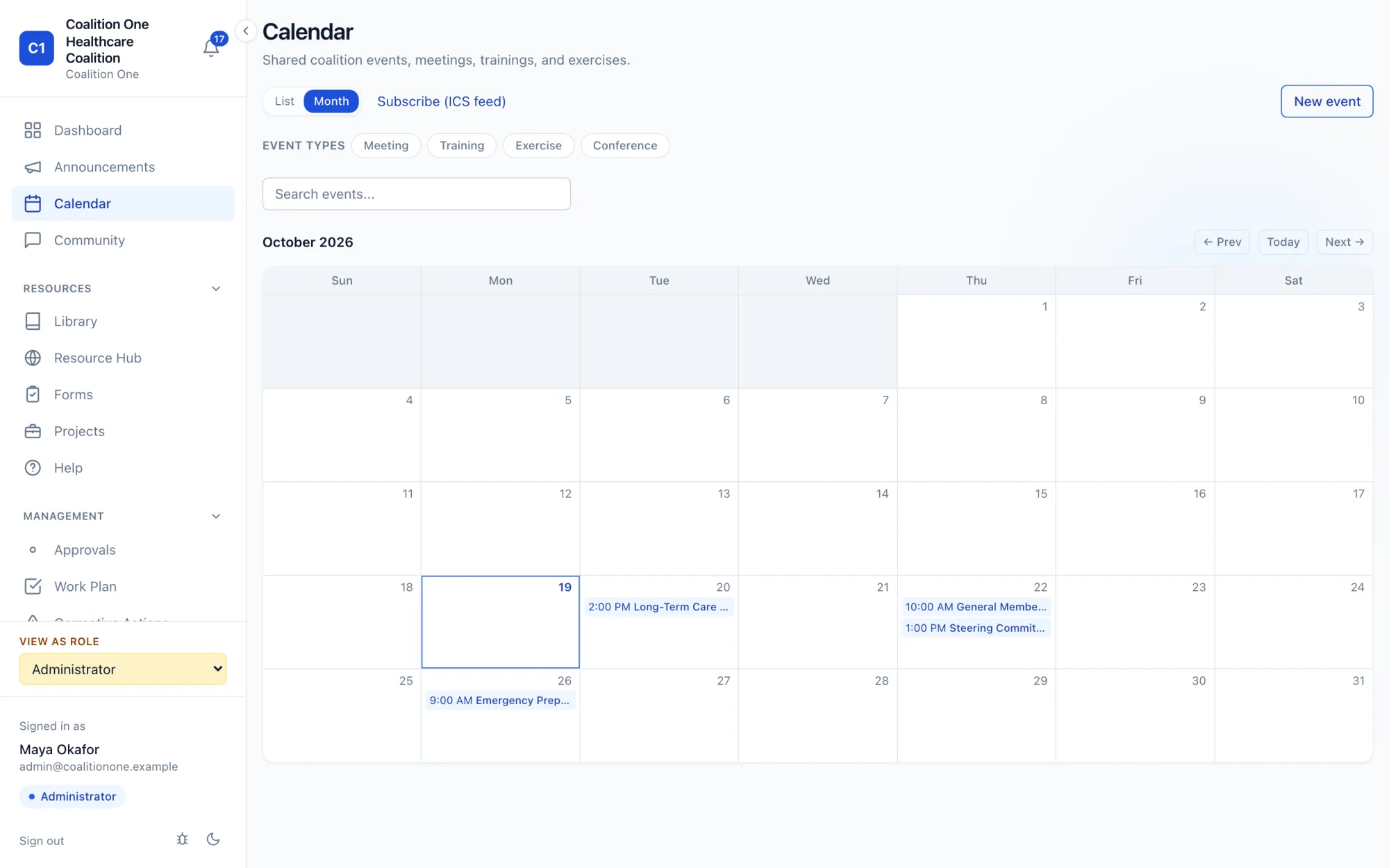 Shared coalition calendar in month view with meetings, trainings, and exercises