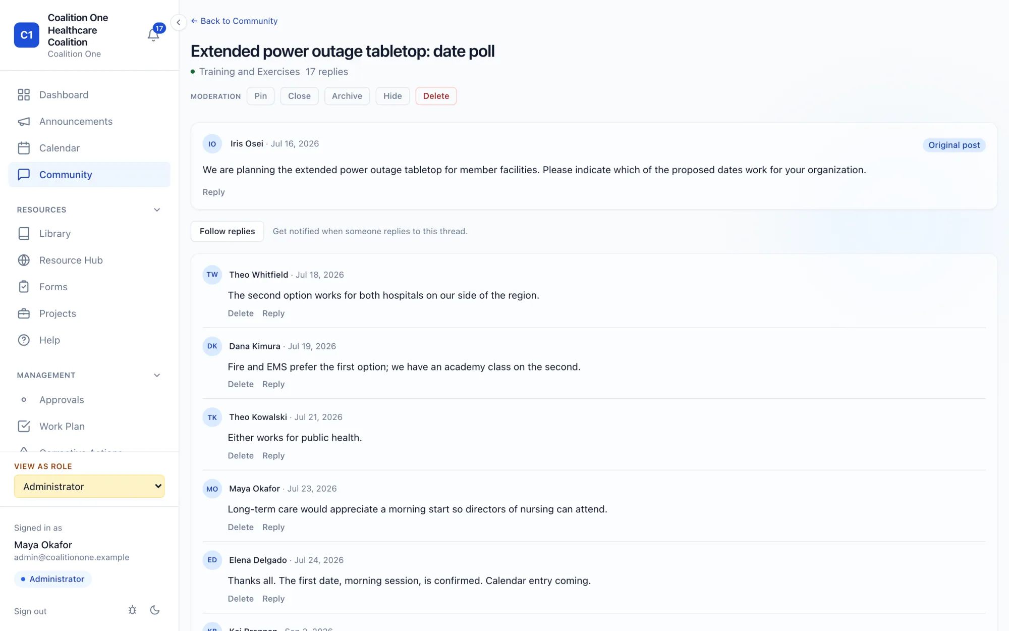 A discussion thread with the original post, follow option, and threaded replies from members across organizations