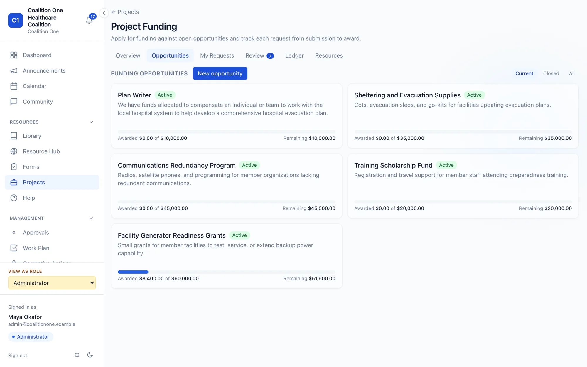 Project funding opportunities with awarded and remaining amounts and a review tab