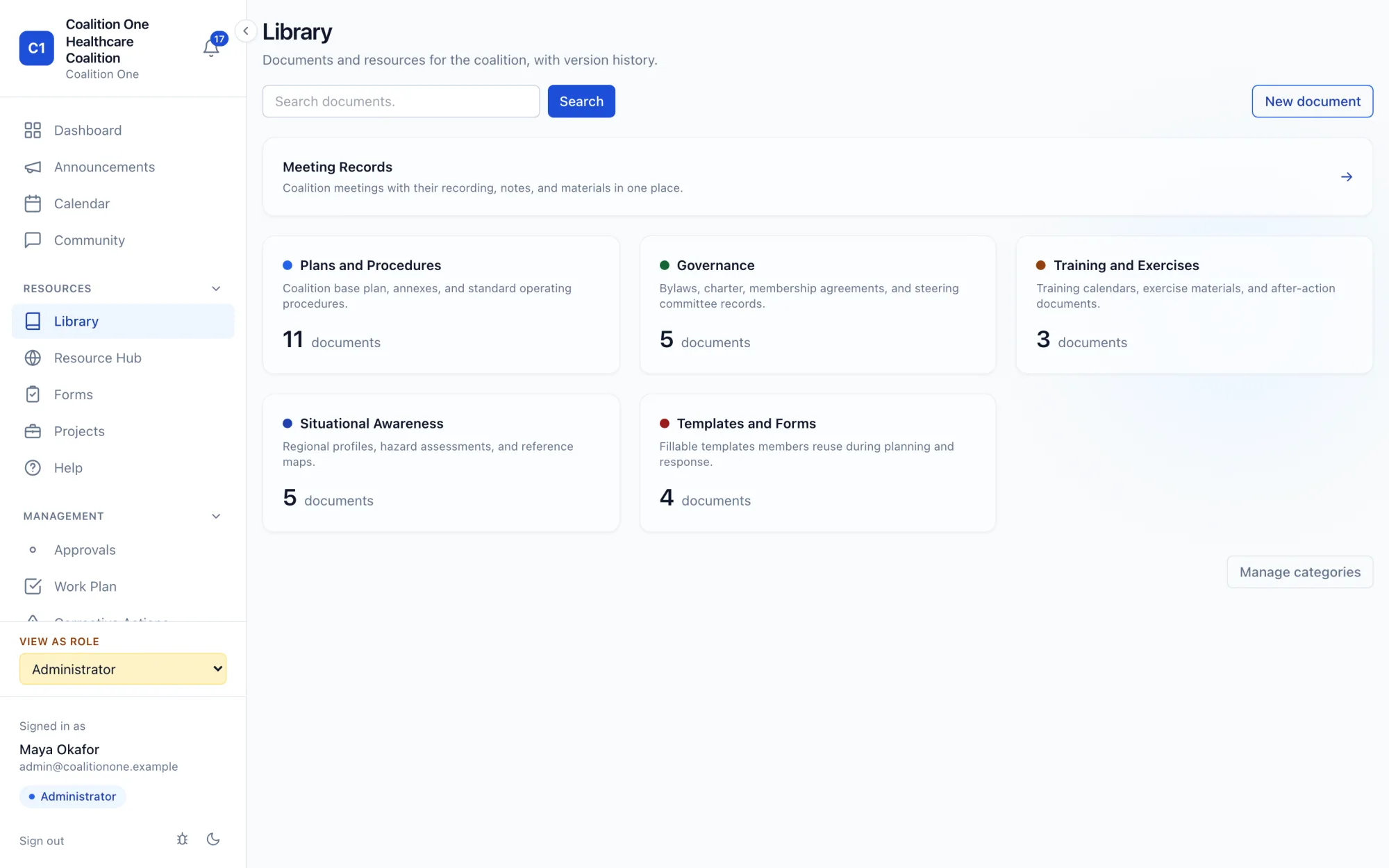 Document library organized by category with document counts and a meeting records section