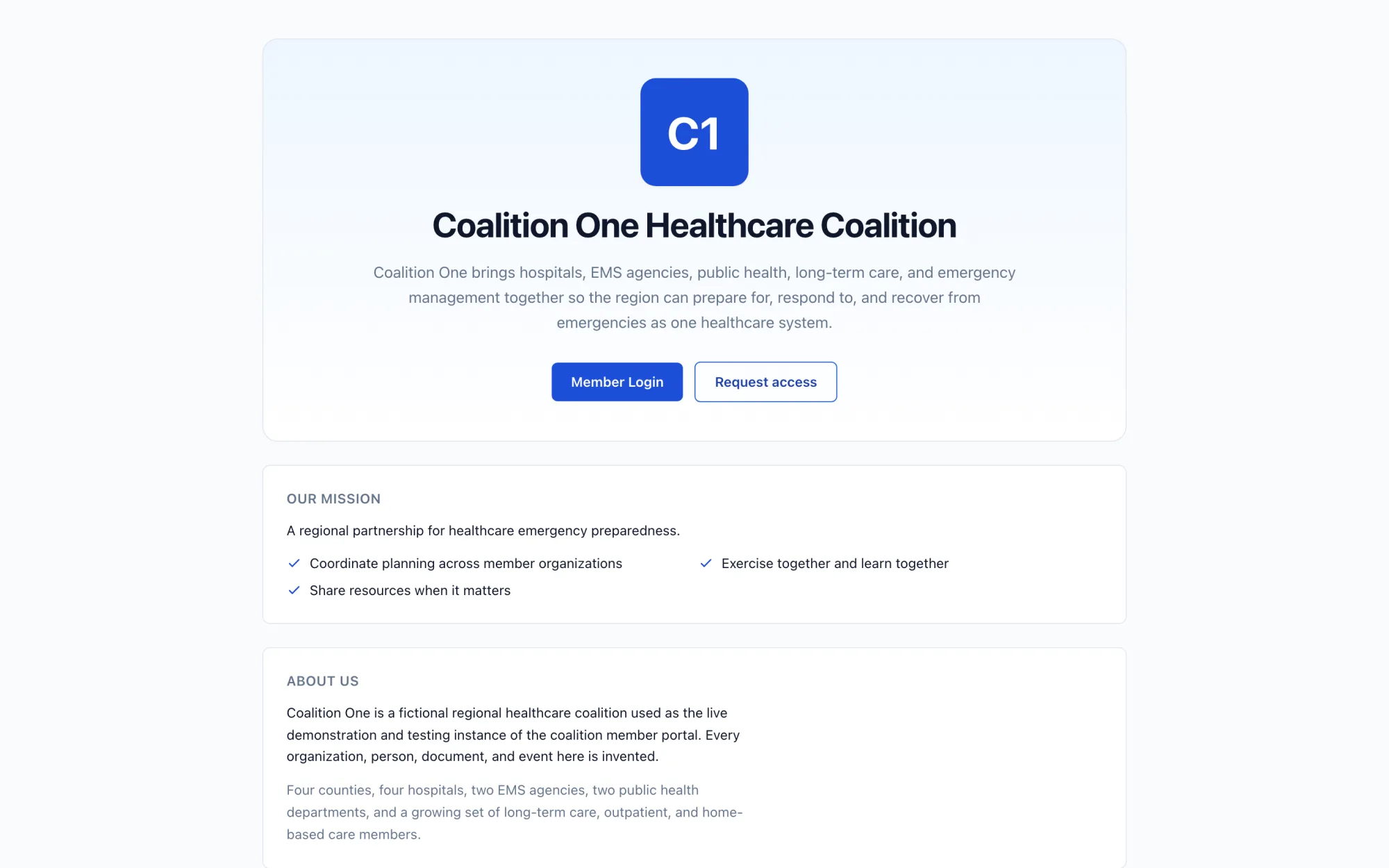 The public landing page of a demonstration coalition: coalition name, mission, about section, and member login